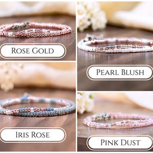 May include: Four beaded bracelets shown in a grid. The Rose Gold bracelet features metallic copper beads. The Pearl Blush bracelet has white and metallic pink beads. The Iris Rose bracelet includes blue and metallic pink beads. The Pink Dust bracelet has light pink and metallic silver beads.