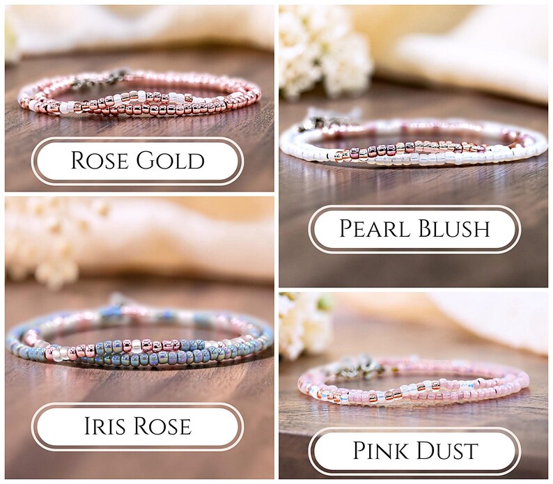 May include: Four beaded bracelets shown in a grid. The Rose Gold bracelet features metallic copper beads. The Pearl Blush bracelet has white and metallic pink beads. The Iris Rose bracelet includes blue and metallic pink beads. The Pink Dust bracelet has light pink and metallic silver beads.