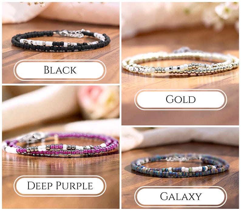 May include: Four beaded bracelets featuring small round beads in black, gold, deep purple, and galaxy colorways. Each bracelet incorporates white and metallic silver accent beads, a thin cord structure, and a silver-toned metal lobster claw clasp.