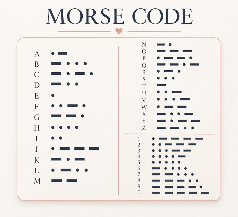 May include: A rectangular chart titled MORSE CODE with a small heart icon. The chart displays the English alphabet from A to Z and numbers 0 to 9, each paired with its corresponding Morse code sequence of dots and dashes in dark blue text.