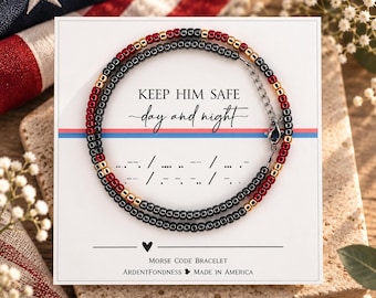 Keep Him Safe Day & Night Morse Code Beaded Bracelet for US Military Family Prayer Gift Keepsake USA United States Jewelry