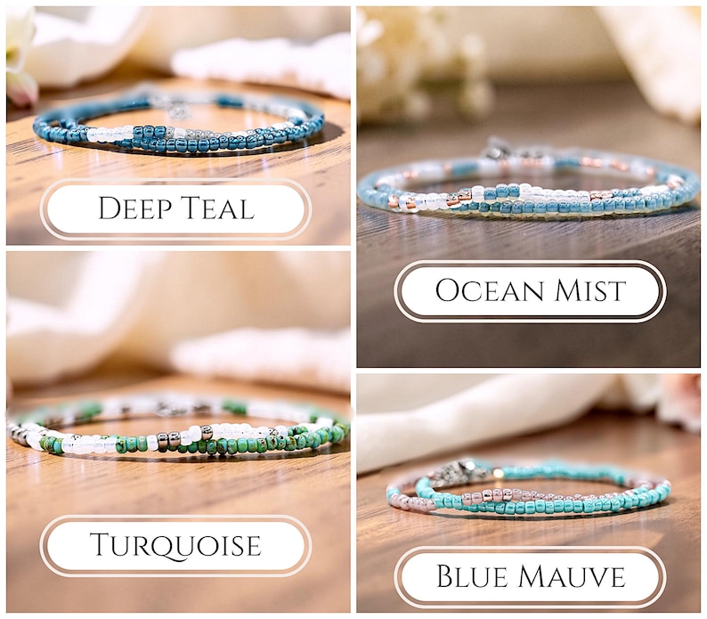 May include: Four delicate beaded bracelets displayed in a grid. The top left is labeled DEEP TEAL with dark teal and white beads. The top right is labeled OCEAN MIST with light blue, white, and metallic beads. The bottom left is labeled TURQUOISE with green, white, and silver beads. The bottom right is labeled BLUE MAUVE with light blue and mauve beads.