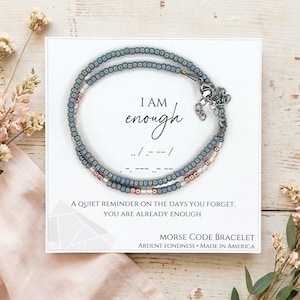 I Am Enough Affirmation Morse Code Bracelet | Dainty Glass Bead Self Care Gift