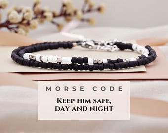 Morse Code Bracelet, US Military Prayer Bracelet, Military Mom Gift, Military Spouse Gift, Long Distance Gift, Patriotic Jewelry for Wife