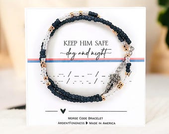 Keep Him Safe Day and Night Morse Code Prayer Bracelet, Military Mom Girlfriend Wife Graduation Gift Basic Training USA Military Gift Sister