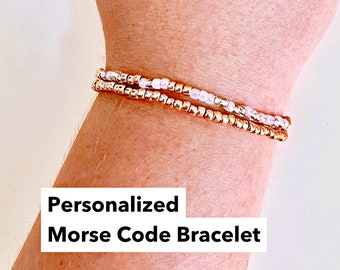 Gold White and Silver Personalized Morse Code Bracelet with your message, Custom Hidden Message Jewelry, Personalized Gift Idea for Women