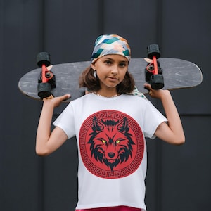 Wolf Head T-Shirt PNG | Fierce Tribal Wolf Sublimation Design | Wild Animal Graphic Tee Clipart | Red & Black Wolf Digital Download