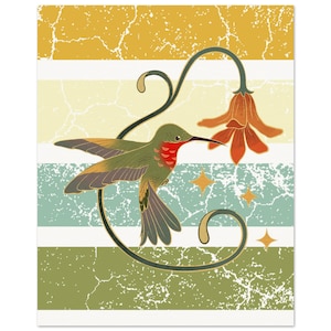 Retro Hummingbird Wall Art Print – Vintage Nature Poster in Earthy Tones | Mid Century Modern Decor | Boho Printable Poster  | 70's print