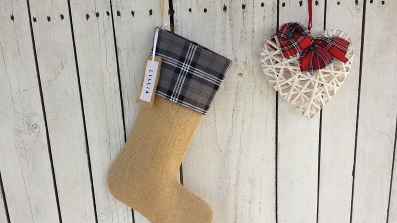 Gray plaid Christmas stockings,tartan christmas stockings, personalized stockings, rustic family stocking image 1