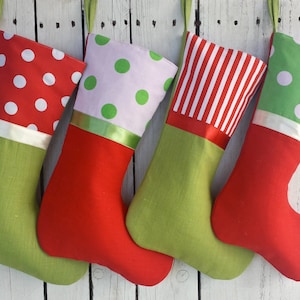 4 Christmas stockings, red and green stockings, personalized stockings, linen polkadot stockings