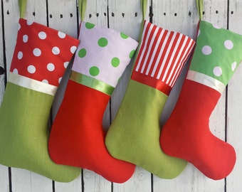 4 Christmas stockings, red and green stockings, personalized stockings, linen polkadot stockings