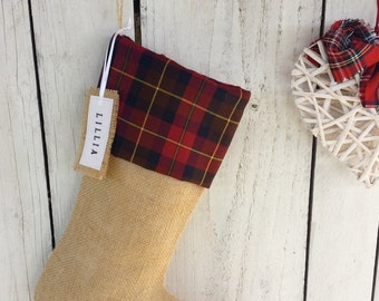 Wine and brown burlap Christmas stockings,tartan christmas stockings, personalized stockings, rustic family stocking