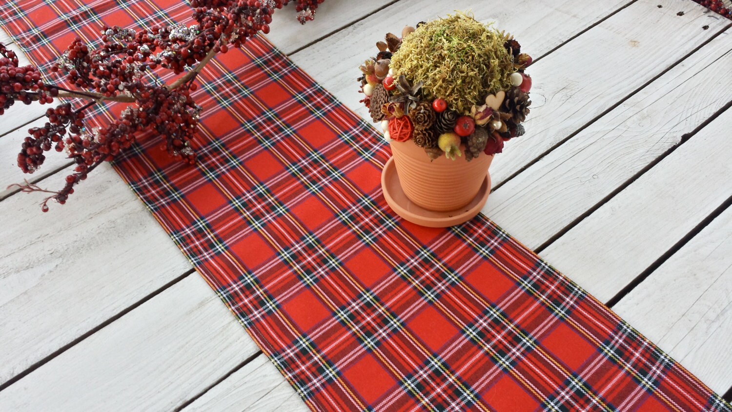 Coureur de Table Noël - Plaid, Tartan, Chèque, Rouge, Noir, Or, Blanc