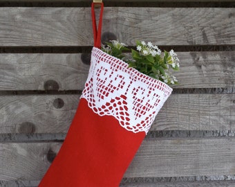 Red Heart Christmas stocking, scandianvian stocking, linen stocking, burlap stocking , lace stocking, red stocking, girlfriend, boyfriend