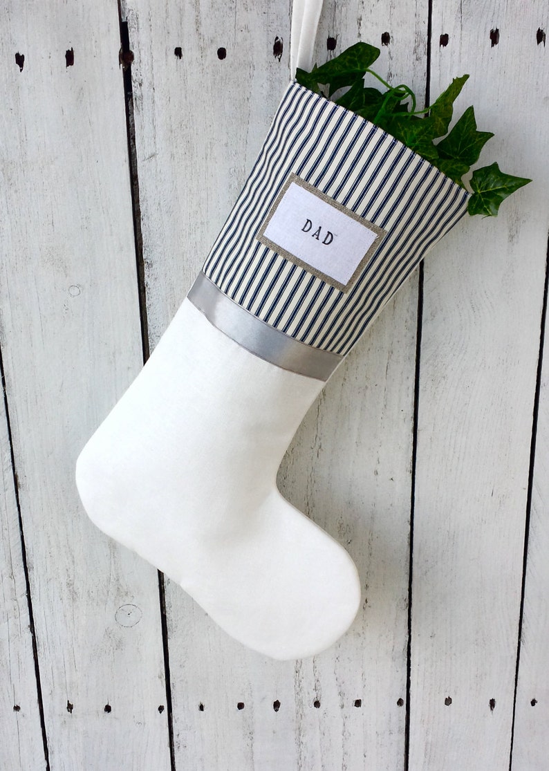 Blue stripes Christmas stockings, ticking Christmas stockings, striped top Christmas stocking,linen stocking, family stockings image 3