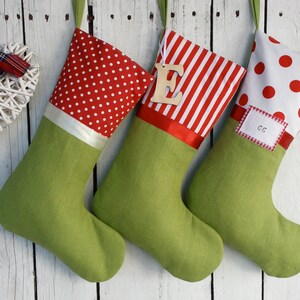 Family Christmas stockings, red and green stockings, personalized stockings, linen polkadot stockings image 3
