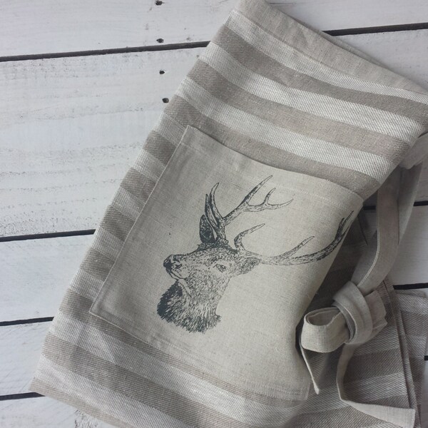 Linen apron, half apron, striped linen apron, stag print pocket, stag apron, natural linen apron