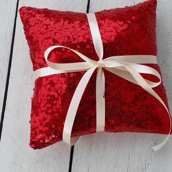 Sequin ring pillow, ring bearer pillow, red sequin wedding, red ring bearer, red pillow,sequin wedding