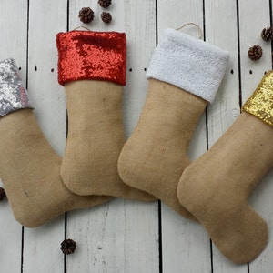 3 Burlap and plaid Christmas stockings,tartan christmas stockings,personalized stockings, sequin stockings image 4