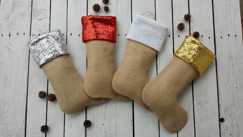 3 Burlap and plaid Christmas stockings,tartan christmas stockings,personalized stockings, sequin stockings image 4