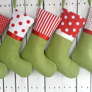 Family Christmas stockings, red and green stockings, personalized stockings, linen polkadot stockings image 1