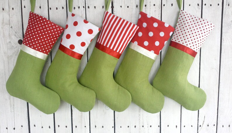 Family Christmas stockings, red and green stockings, personalized stockings, linen polkadot stockings image 1