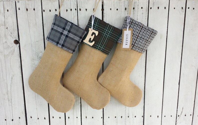 Gray plaid Christmas stockings,tartan christmas stockings, personalized stockings, rustic family stocking image 2