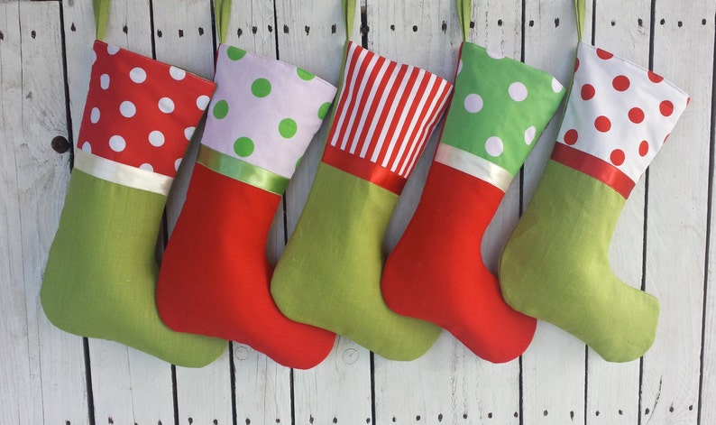 Family Christmas stockings, red and green stockings, personalized stockings, linen polkadot stockings image 4