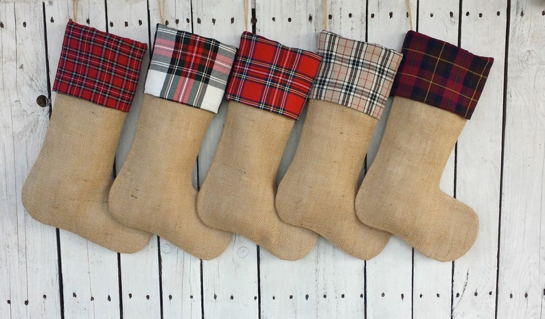 3 Burlap and plaid Christmas stockings,tartan christmas stockings,personalized stockings, sequin stockings image 5