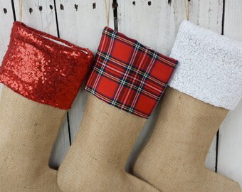 3 Burlap and plaid Christmas stockings,tartan christmas stockings,personalized stockings, sequin stockings