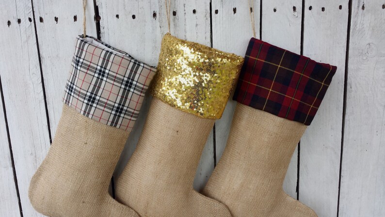 3 Burlap and plaid Christmas stockings,tartan christmas stockings,personalized stockings, sequin stockings image 2