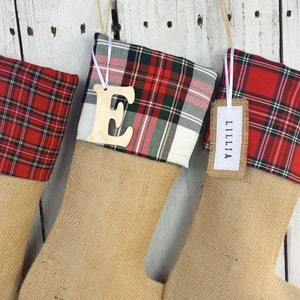 3 Burlap and plaid Christmas stockings,tartan christmas stockings,personalized stockings, sequin stockings image 3