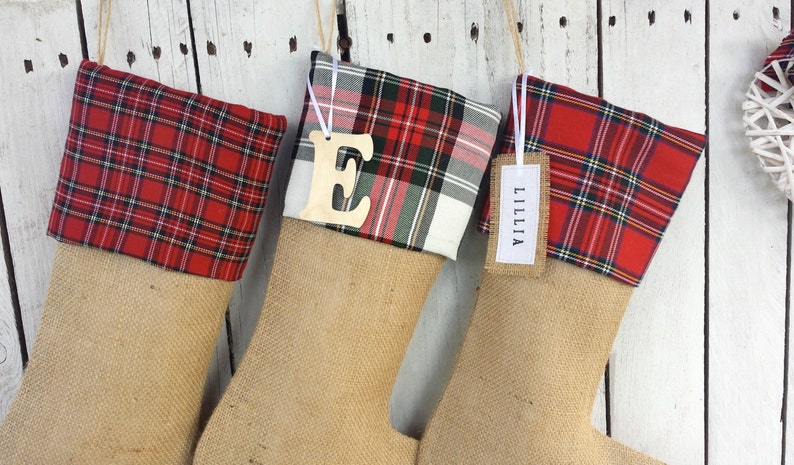 3 Burlap and plaid Christmas stockings,tartan christmas stockings,personalized stockings, sequin stockings image 3