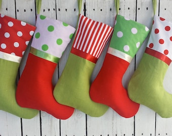 Family Christmas stockings, red and green stockings, personalized stockings, linen polkadot stockings