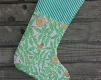 Floral Christmas stocking, green stripes, green stocking, recycled christmas stocking, tropical christmas,floral christmas,bright christmas