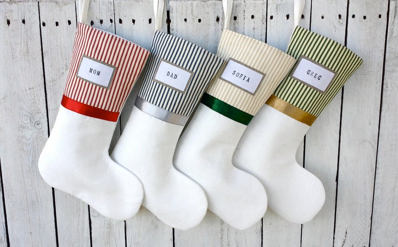 Blue stripes Christmas stockings, ticking Christmas stockings, striped top Christmas stocking,linen stocking, family stockings image 4