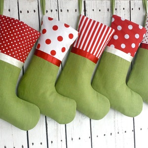 Family Christmas stockings, red and green stockings, personalized stockings, linen polkadot stockings image 2