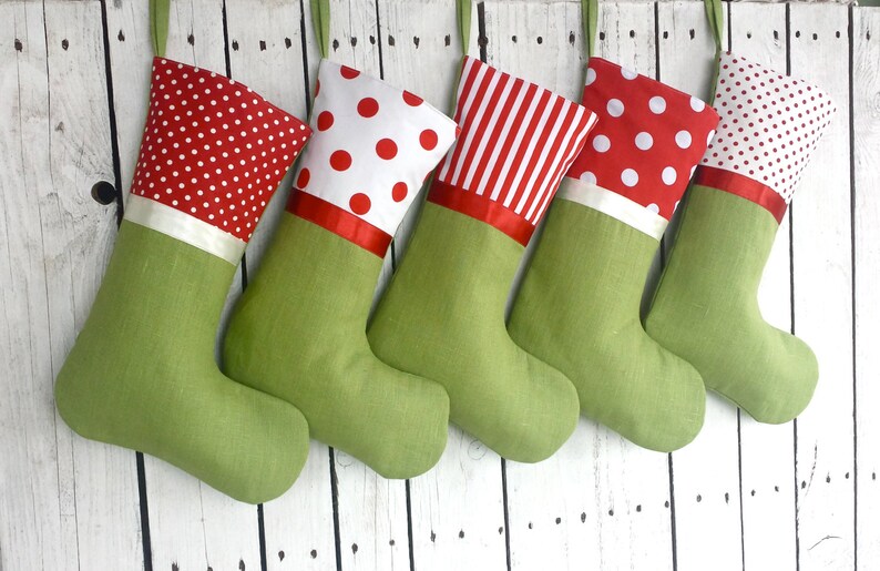 Family Christmas stockings, red and green stockings, personalized stockings, linen polkadot stockings image 2