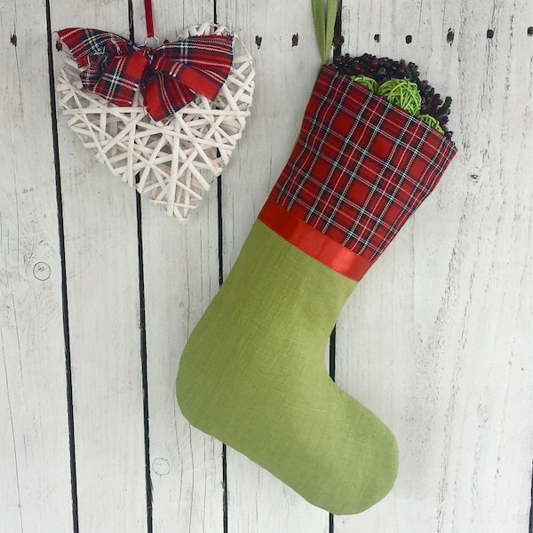 Tartan Christmas stockings - red, green, tartan, plaid with green linen burlap body