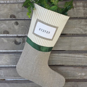 Striped Christmas stocking, Personalized stocking, linen stocking, neutral stocking, tan stripes, red stripes stocking, navy stripes