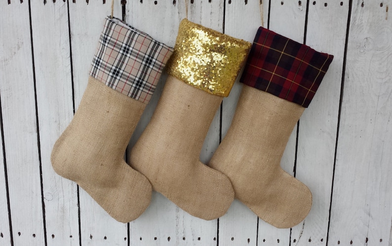 3 Burlap and plaid Christmas stockings,tartan christmas stockings,personalized stockings, sequin stockings image 1