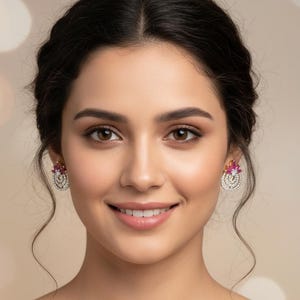 Op de afbeelding: Een vrouw met donker haar en bruine ogen glimlacht, met sierlijke oorbellen. De oorbellen hebben een cirkelvormig ontwerp met kleine, sprankelende stenen en een cluster van roze en rode edelstenen in het midden. De achtergrond is een zacht, wazig beige.