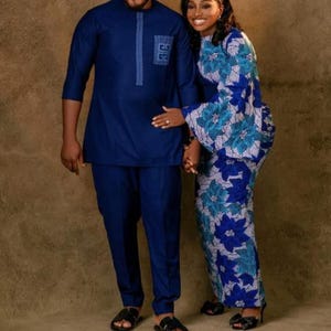 Couples African outfit, Ankara mermaid dress, Ankara gown, African wedding outfit, African engagement outfit, African print gown, men Kaftan