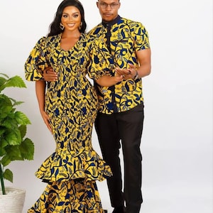 Couples African outfit, Ankara mermaid dress, Ankara gown, African wedding outfit, African engagement outfit, African print gown, men Kaftan