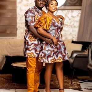 Couples African outfit, Ankara mermaid dress, Ankara gown, African wedding outfit, African engagement outfit, African print gown, men Kaftan