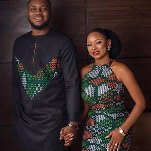 Couples African outfit, Ankara mermaid dress, Ankara gown, African wedding outfit, African engagement outfit, African print gown, men Kaftan