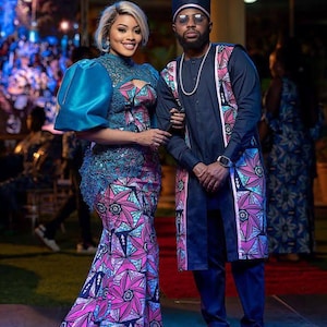 Couples African outfit, Ankara mermaid dress, Ankara gown, African wedding outfit, African engagement outfit, African print gown, men Kaftan