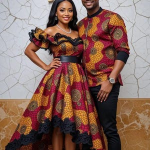Couples African outfit, Ankara mermaid dress, Ankara gown, African wedding outfit, African engagement outfit, African print gown, men Kaftan