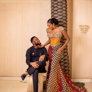 Couples African outfit, Ankara mermaid dress, Ankara gown, African wedding outfit, African engagement outfit, African print gown, men Kaftan