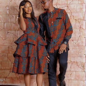 Couples African outfit, Ankara mermaid dress, Ankara gown, African wedding outfit, African engagement outfit, African print gown, men Kaftan
